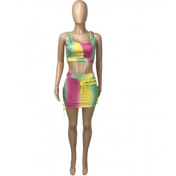 Chic Rainbows Print Crop Top And Skirt Set Two-Piece Suits Womens Lace-Up Bandage Tracksuit